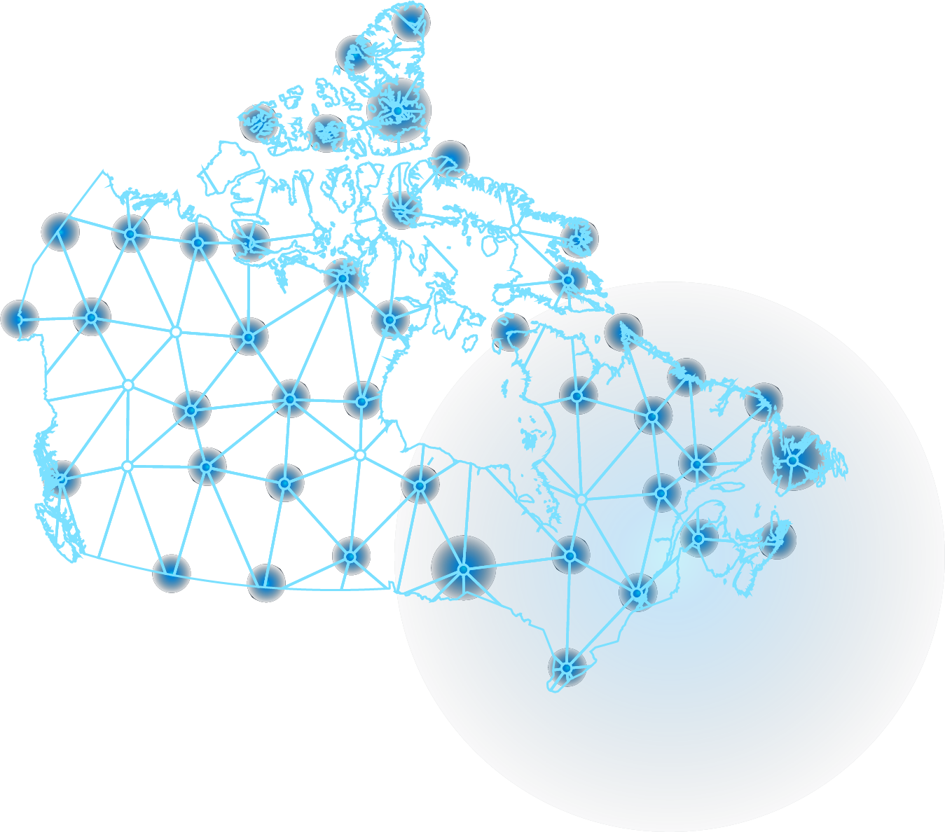 Glowing network map of Canada with Atlantic provinces highlighted