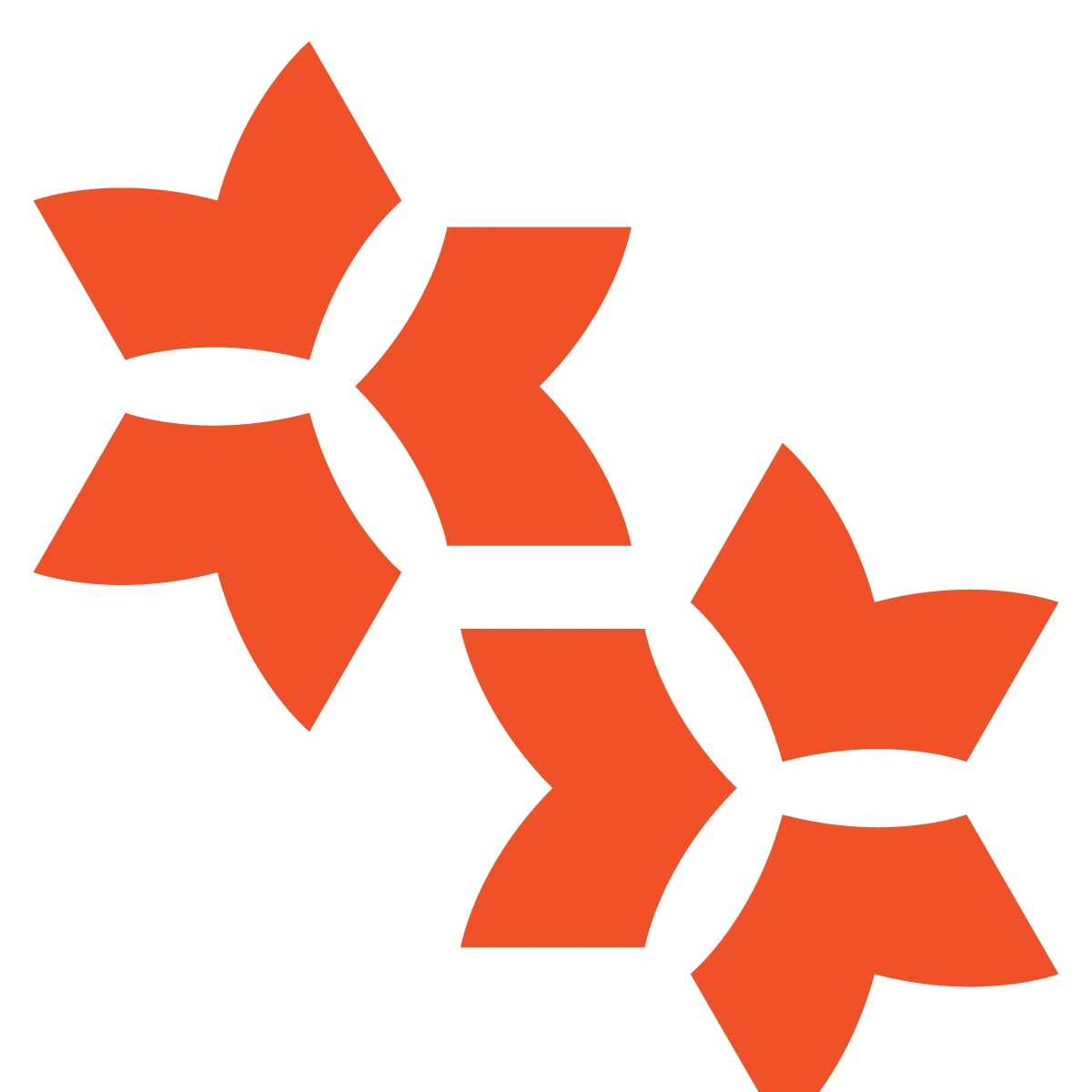 Three connected red-orange stylized flower shapes arranged diagonally on white background.