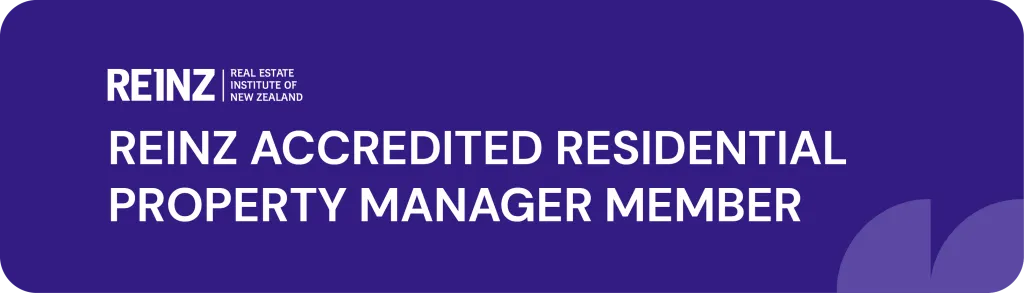 REINZ Accredited Residential Property Manager Member logo with purple background and white text.
