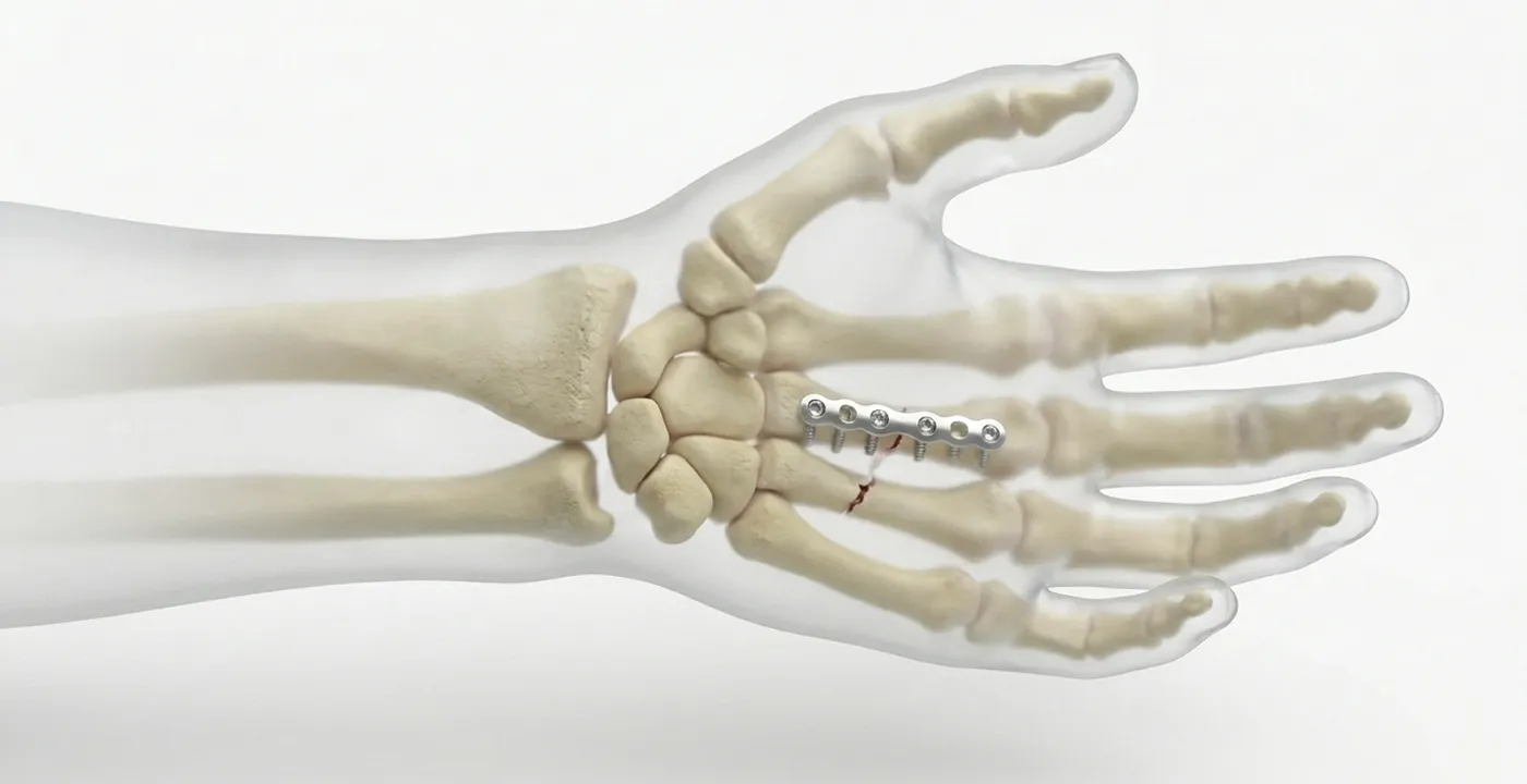 X-ray style illustration of a hand skeleton showing a broken bone in the metacarpal with surgical metal plate and screws fixing the fracture.