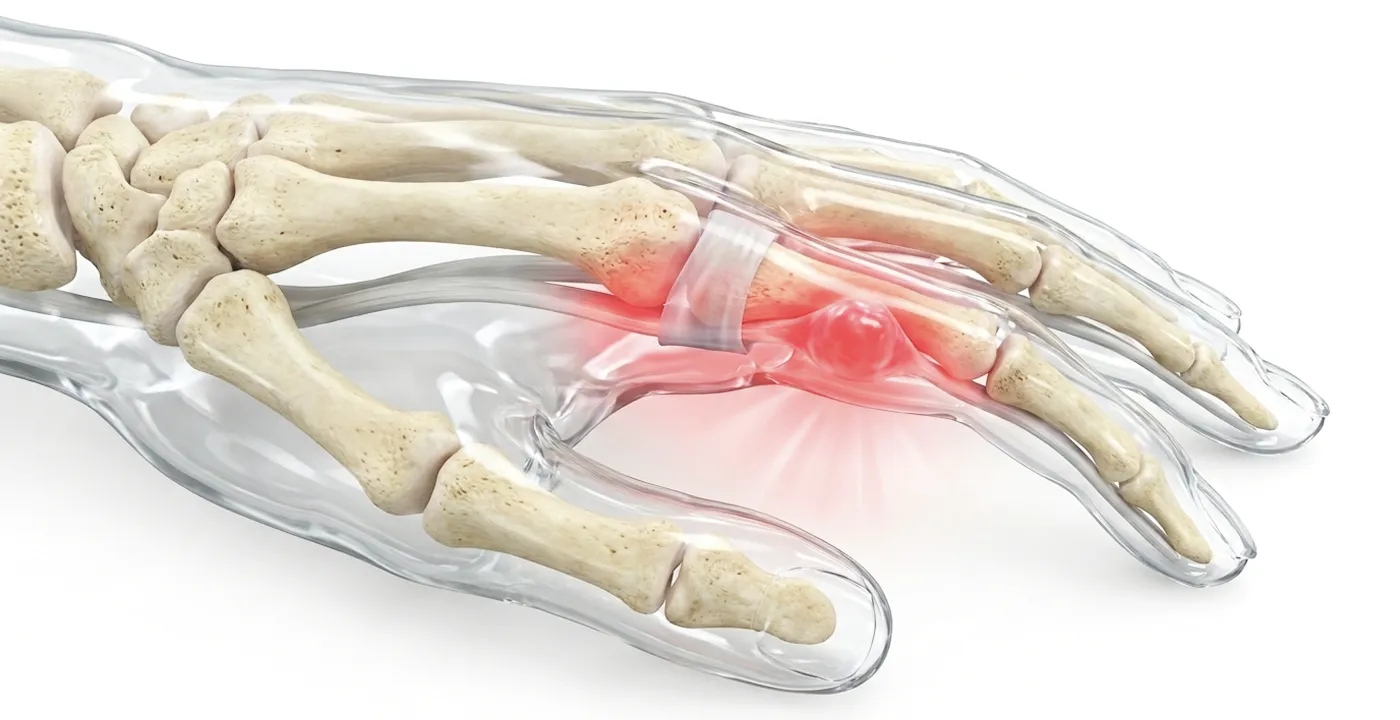 3D illustration of a transparent hand showing the bones with a red highlight on an inflamed joint in the finger.