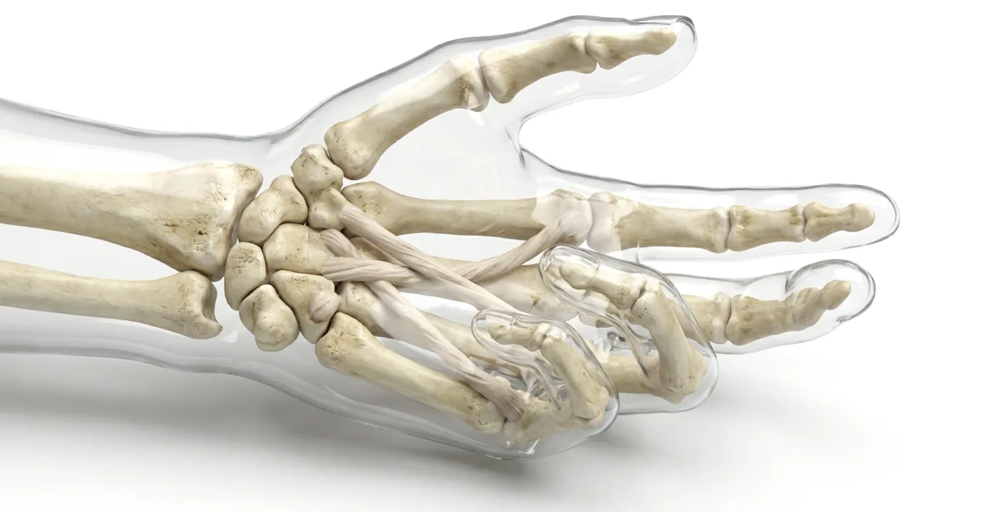 3D illustration of a human skeletal hand with transparent skin showing bones and tendons.