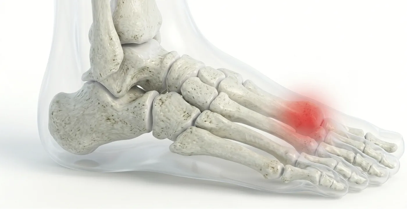 3D illustration of foot bones with inflammation highlighted in red near the base of the big toe.