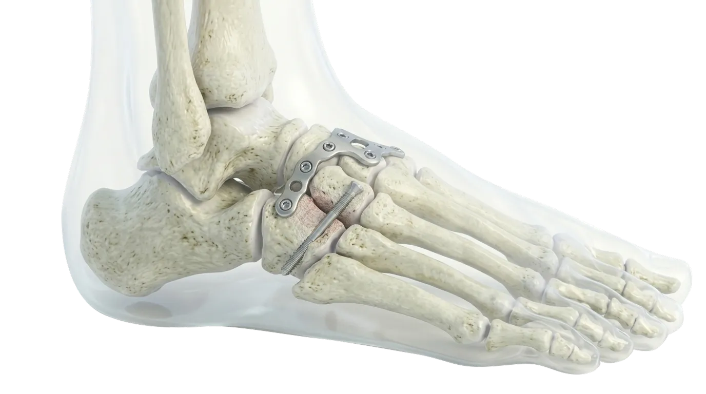 3D medical illustration of a human foot skeleton with metal plates and screws fixing a fractured bone near the ankle.
