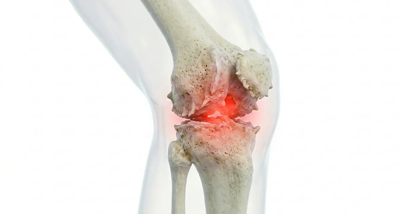 3D illustration of a human knee joint with damaged bones and red inflammation indicating arthritis.