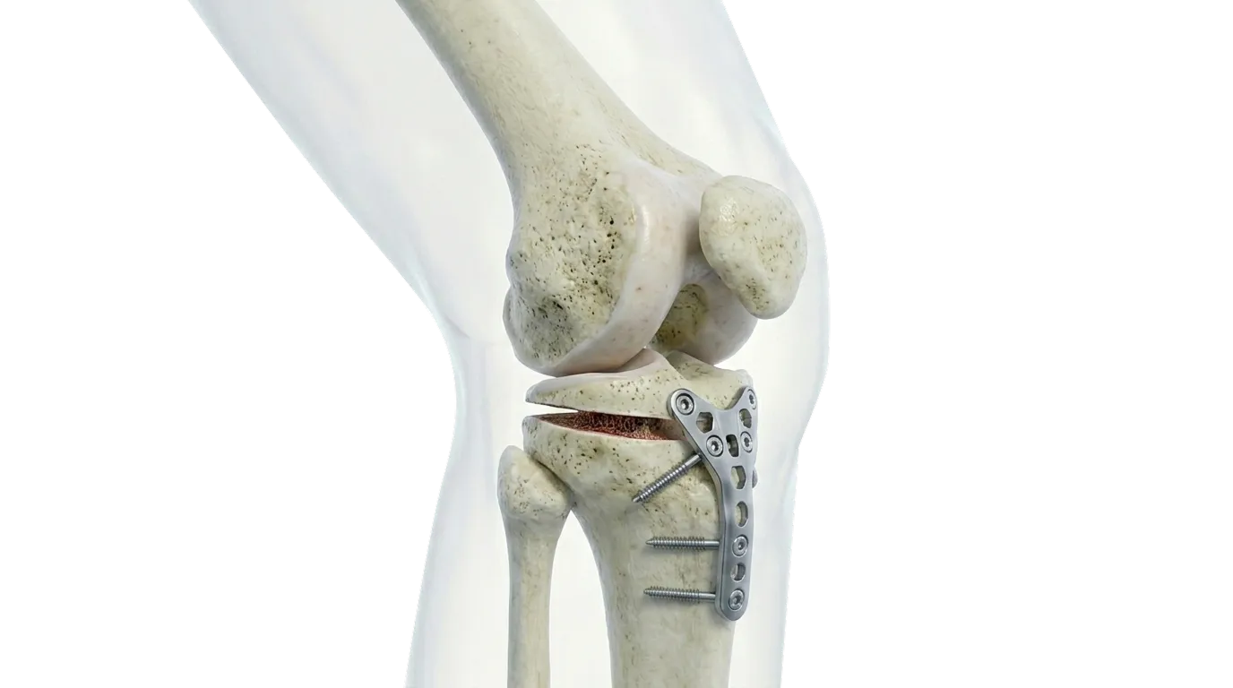 Medical illustration of a knee joint with a metal plate and screws attached to the tibia bone, showing bone fracture repair.