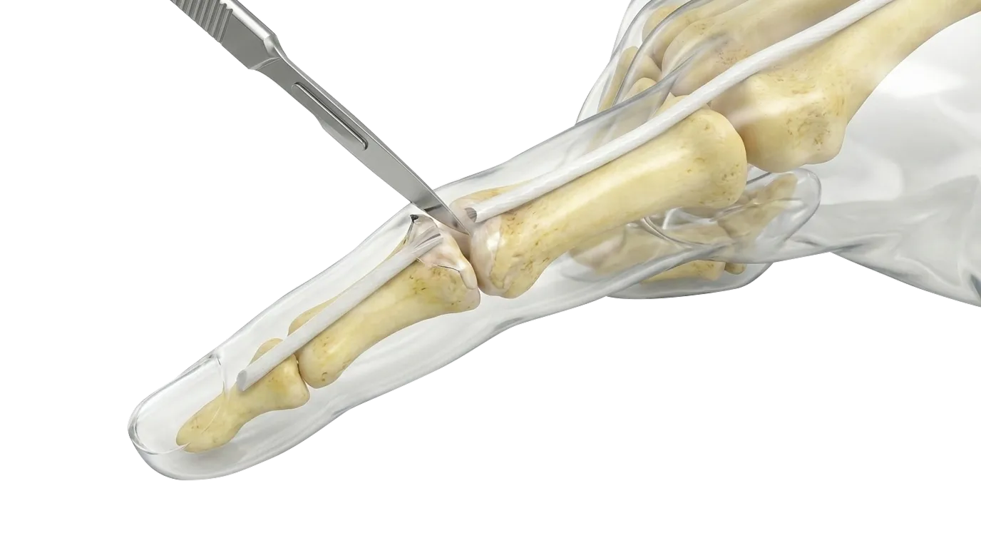 3D medical visualization of a finger skeleton with a scalpel making an incision near a tendon.