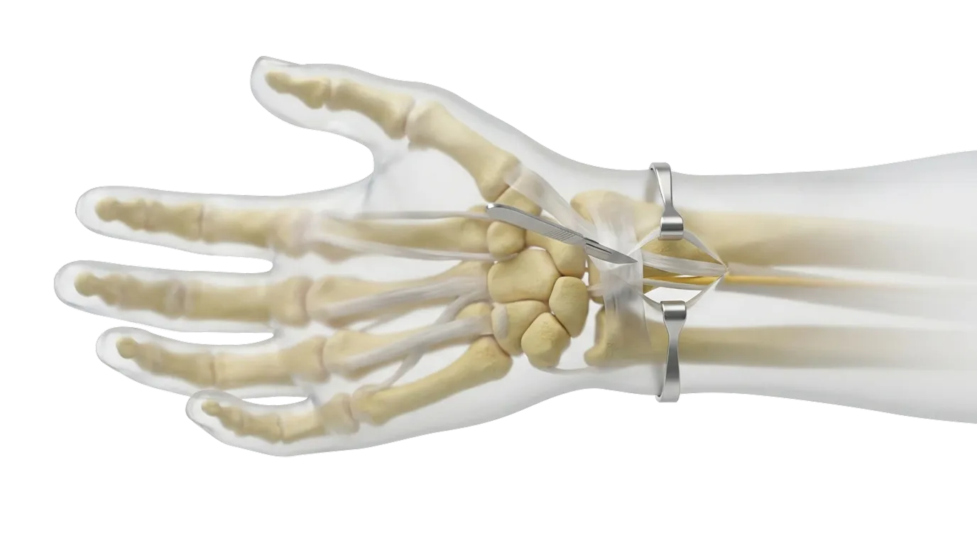 3D medical visualization of a human hand's skeletal structure with surgical tools inserted near the wrist bones.
