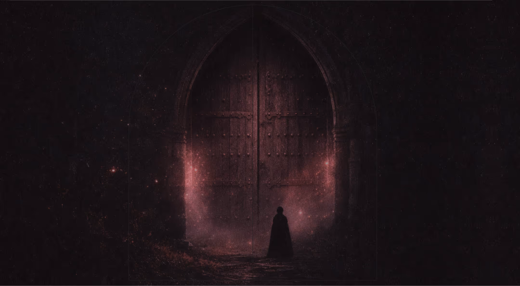 Silhouette of a cloaked figure standing before a large, glowing mystical door in darkness.