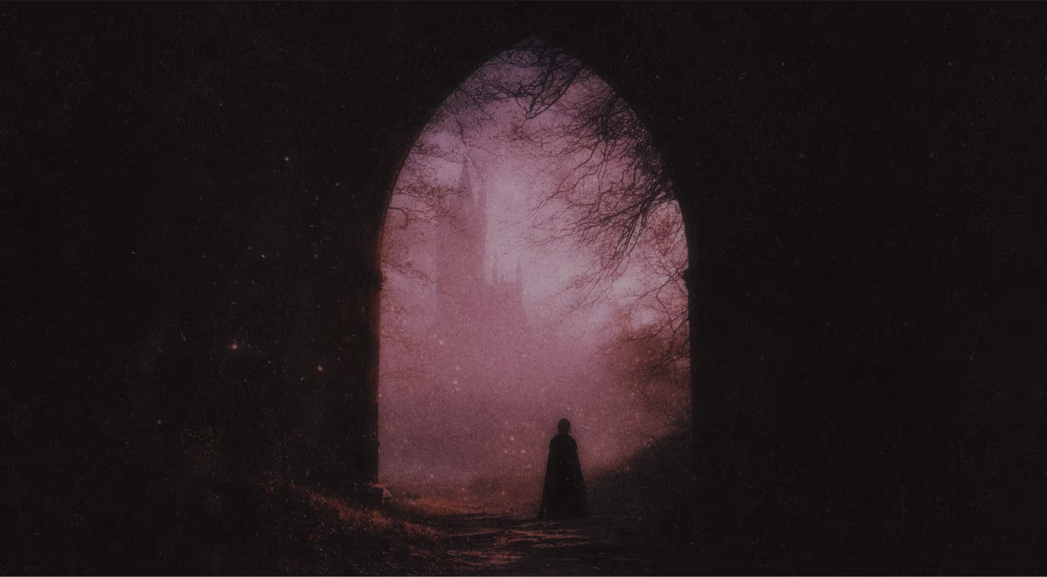 Silhouette of a person in cloak standing under a large archway with a misty castle and bare trees in the background.