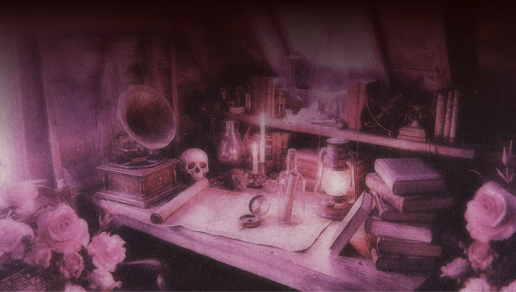 Dimly lit vintage study with skull, gramophone, candle, books, and lantern on wooden desk and shelves.