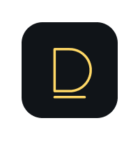 Black square background with a stylized golden letter D centered inside.