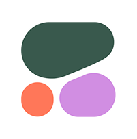 Abstract shapes: large dark green rounded shape with smaller orange and purple rounded shapes below.