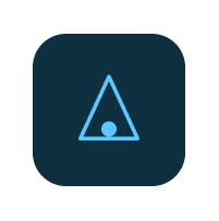 Blue triangle with a dot inside on a dark rounded square background.