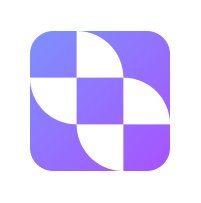 Abstract geometric logo with rounded square shape and overlapping purple and blue shapes.