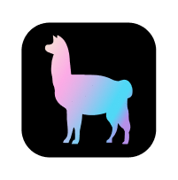 Silhouette of a llama in gradient pink and blue on a black rounded square background.