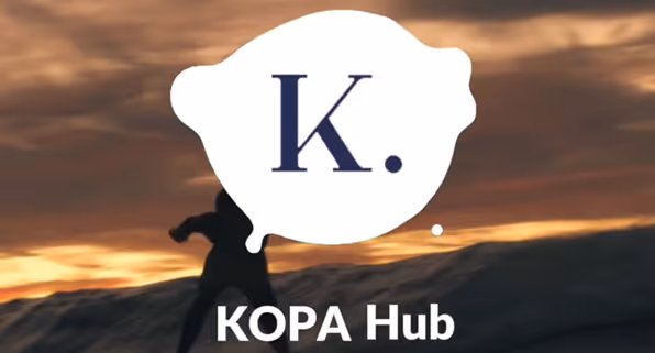 Silhouette of a person running on a hill at sunset with a large white speech bubble containing a dark blue letter K and a period, with the text KOPA Hub below.
