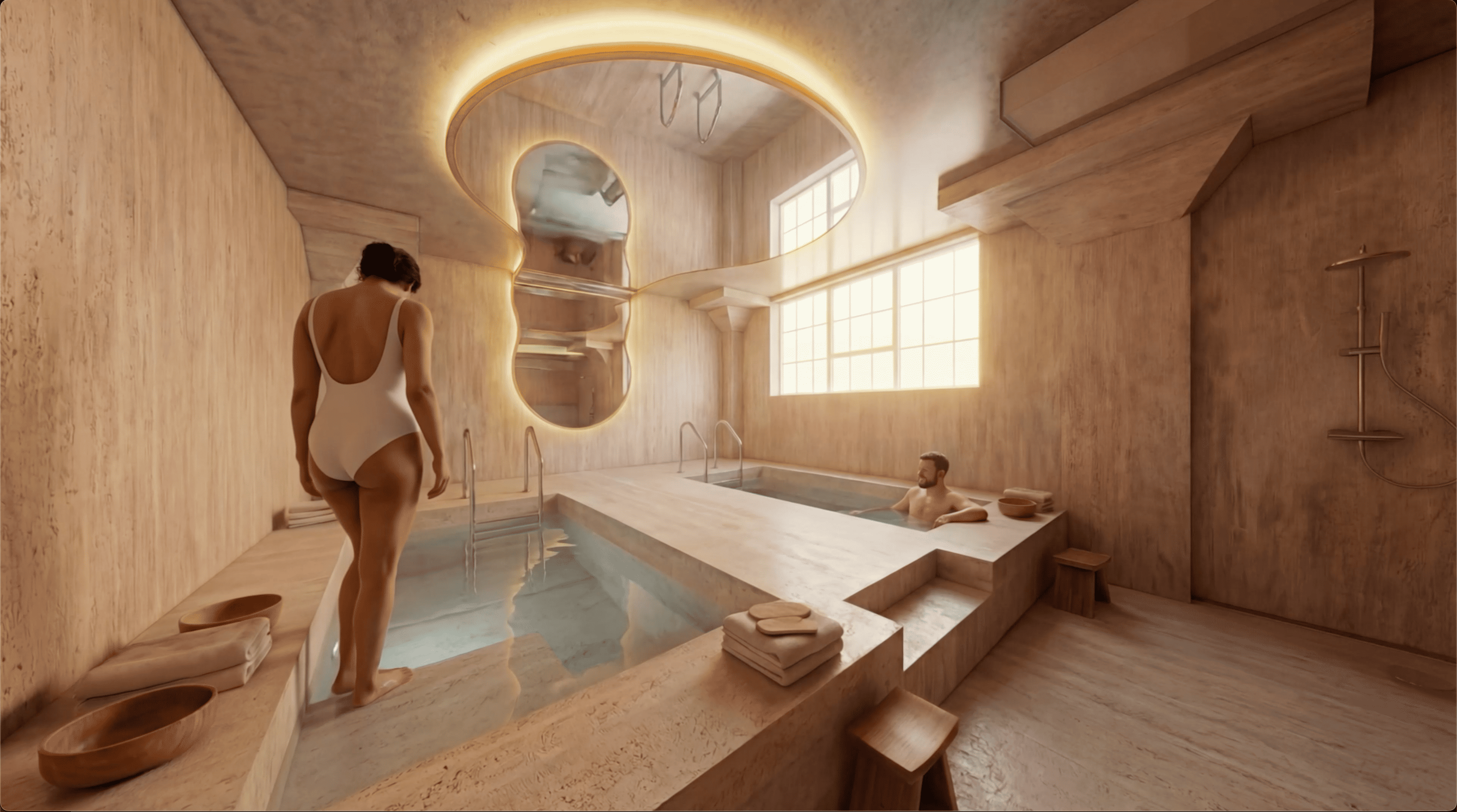 Woman relaxing in a round stone bathtub beside a wooden sauna room in a warm, softly lit spa space.