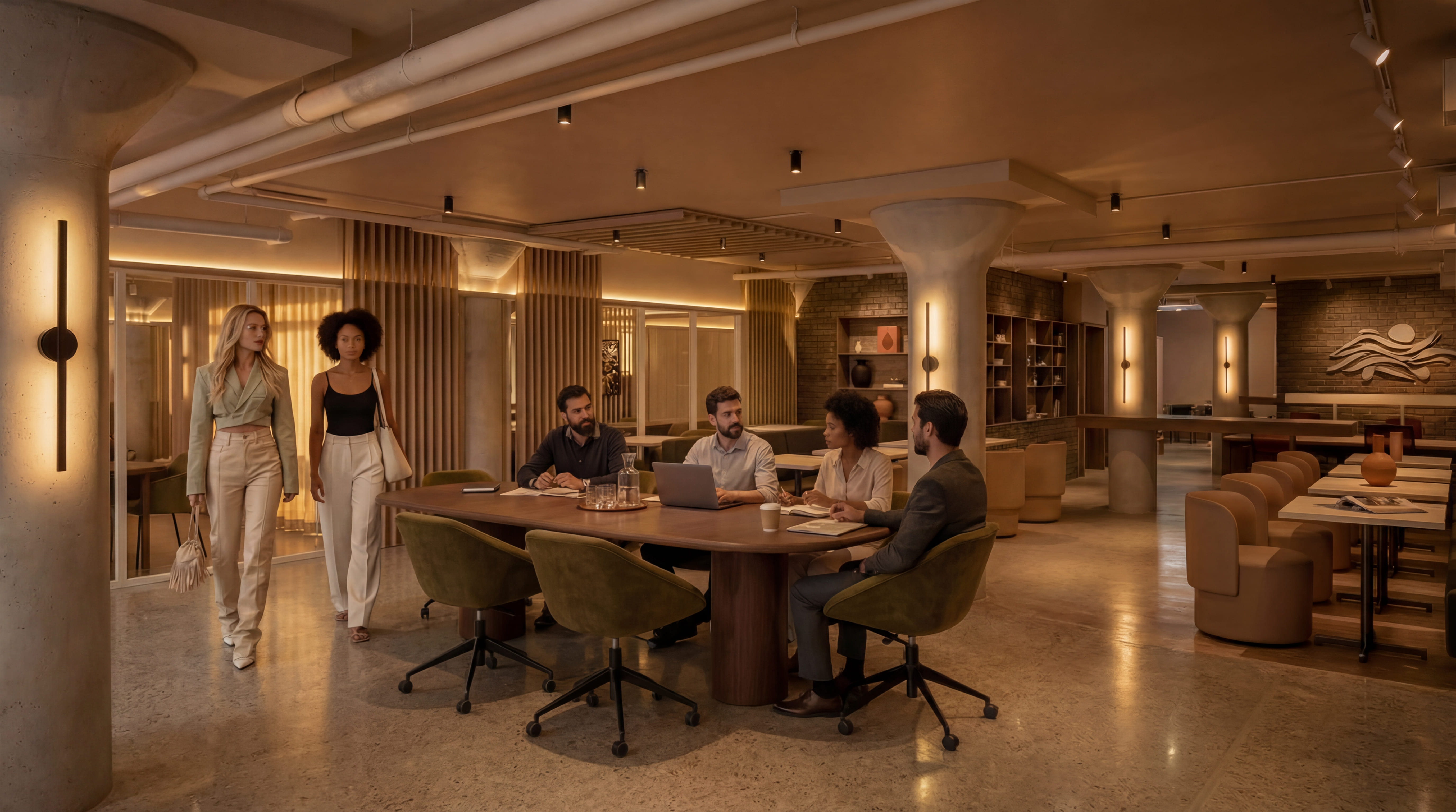 Modern office meeting room with five people seated at a table and two women walking by.