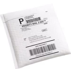 USPS Priority Mail 2-Day small padded envelope with visible shipping label and barcode.