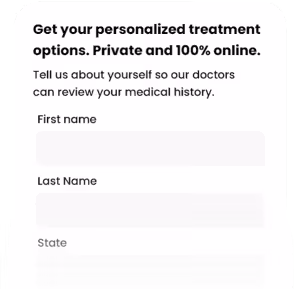 Online form asking for first name, last name, and state for personalized medical treatment.