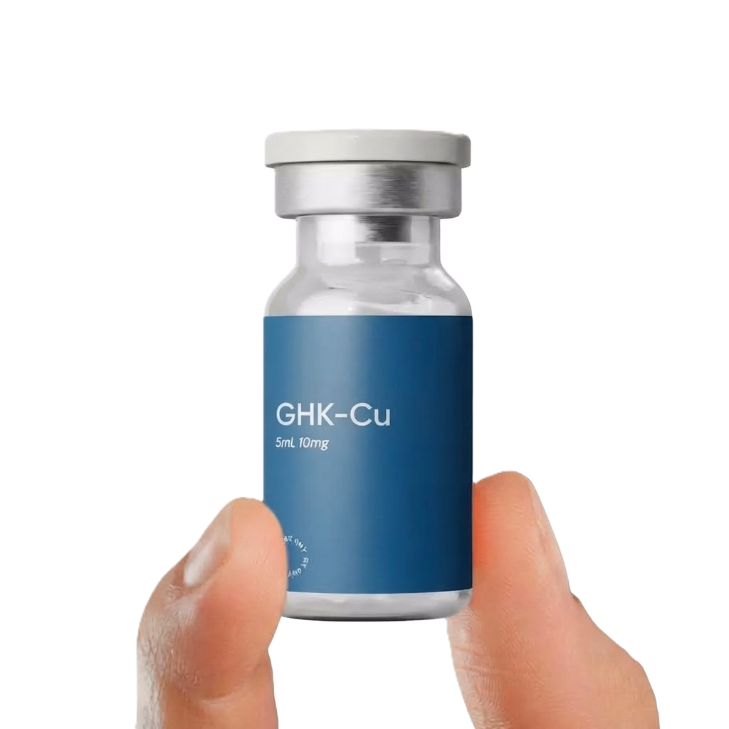 Hand holding a small glass vial labeled GHK-Cu 5ml 10mg with a blue label and white cap.