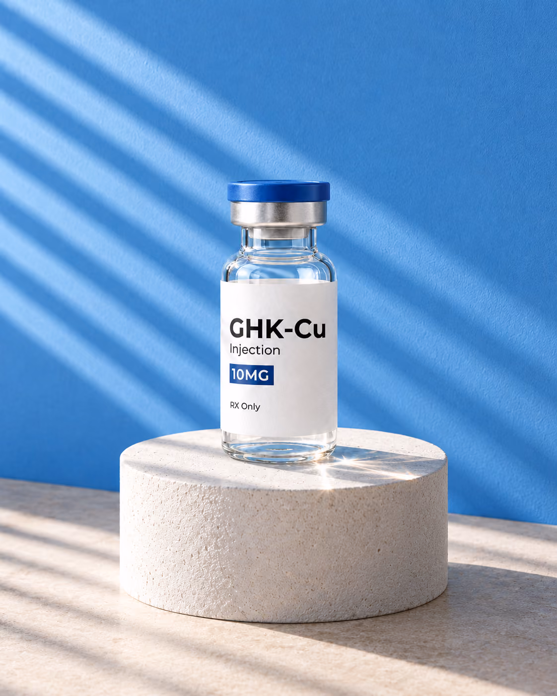 GHK-Cu Injection 10 mg glass vial with a blue cap on a white stone plinth against a blue wall striped with sunlight.