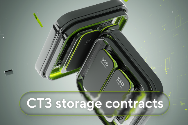 CT3 announcement banner on demand-based availability of Storage Contracts and preparation for the CT3 token listing.