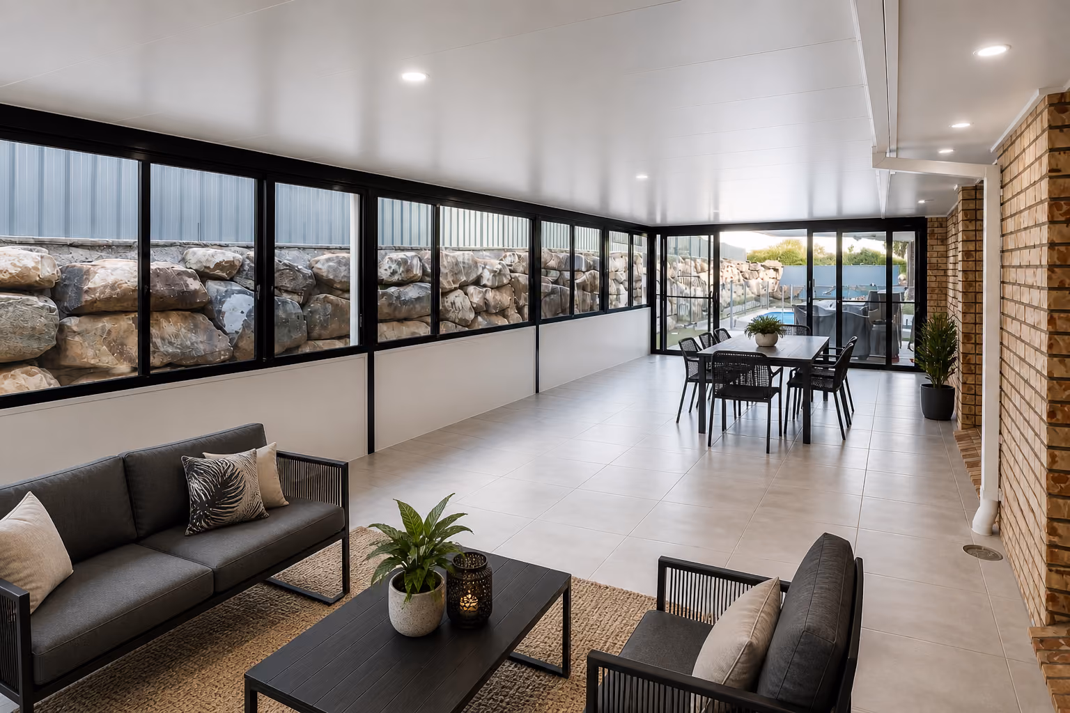 Modern enclosed patio with black sofa set, dining table, large windows, and stone retaining wall outside.