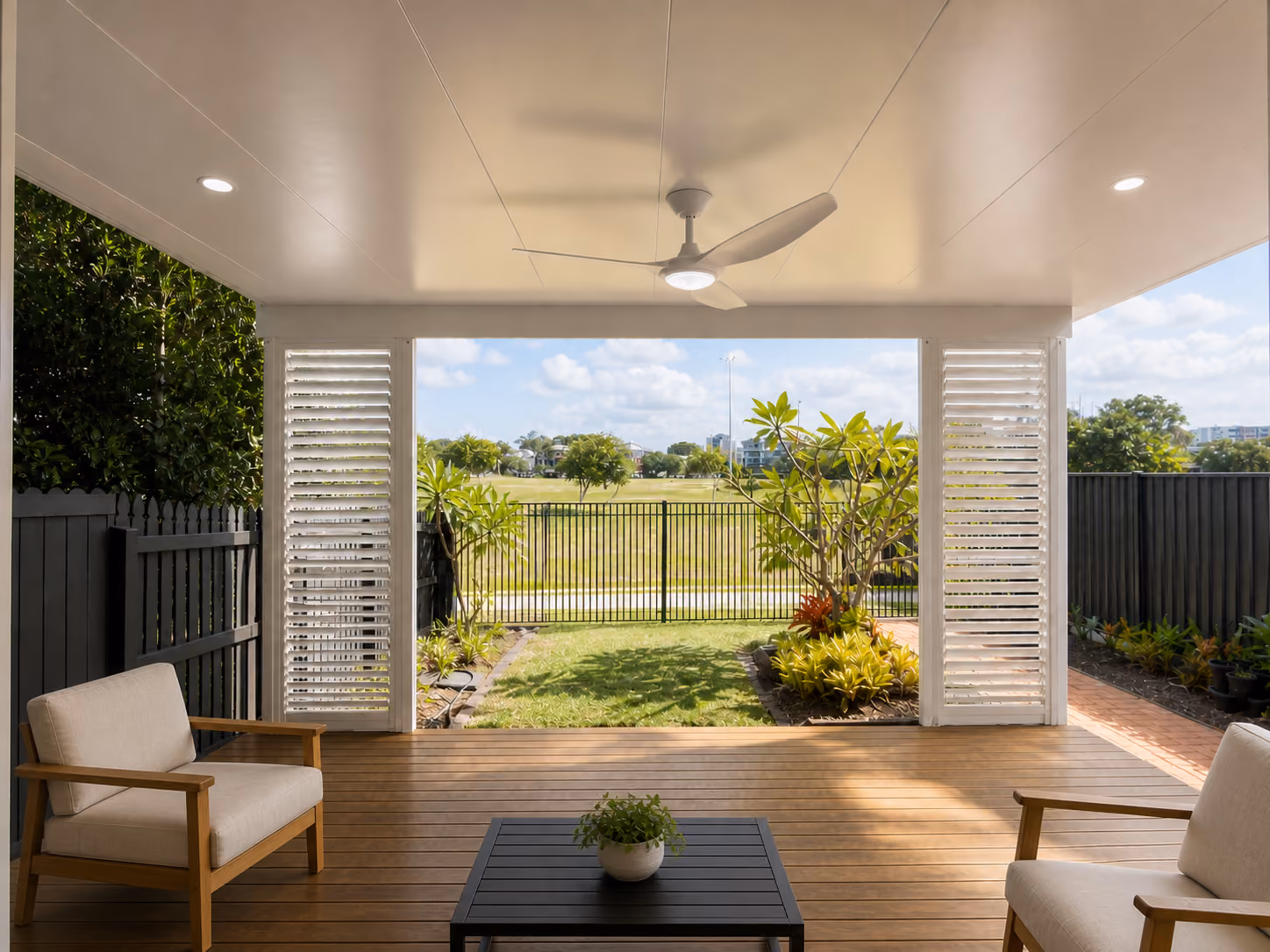 Covered outdoor patio fitted with the Eclipse opening roof control system.