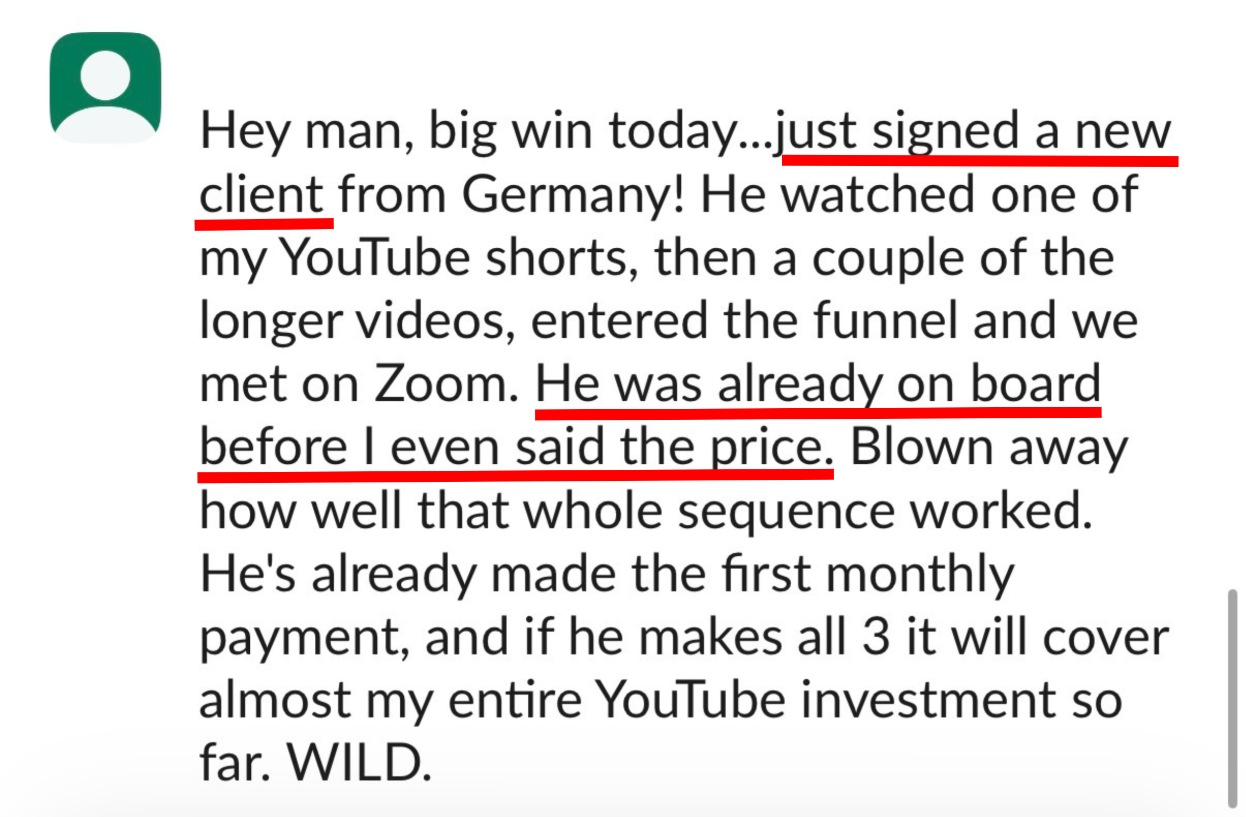 Dr. Adam $5K coaching package sale confirmation from YouTube