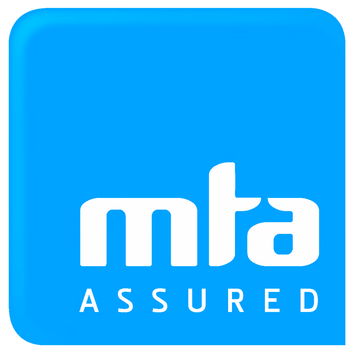 Blue square with rounded corners featuring the white text 'mta' above the word 'ASSURED'.