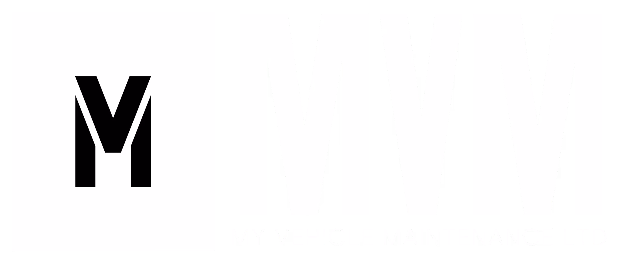 Logo with stylized black letter M inside a white square and large white letters MVM with text My Vehicle Maintenance Ltd.