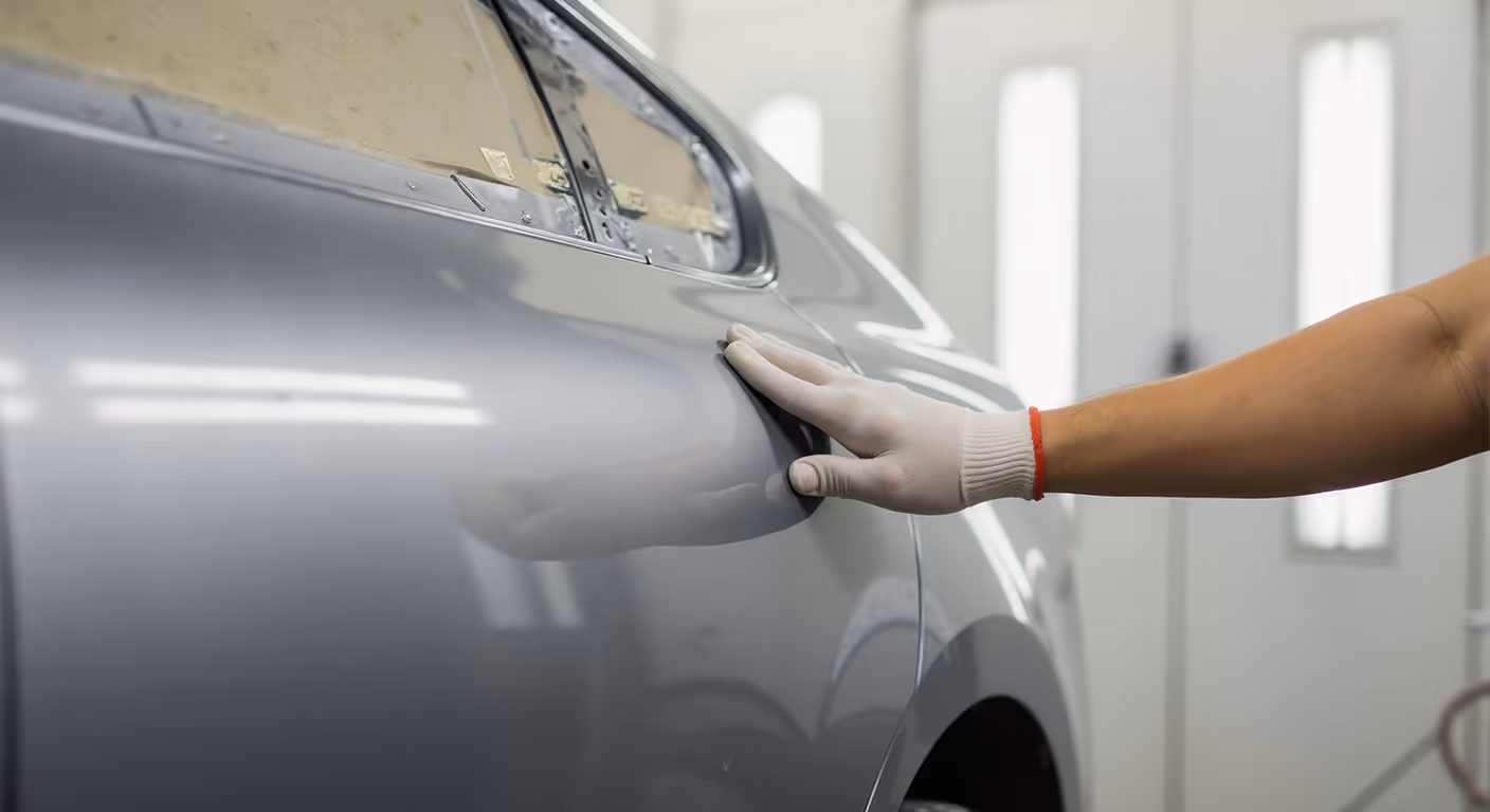 Car dent repair showing before and after panel beating work
