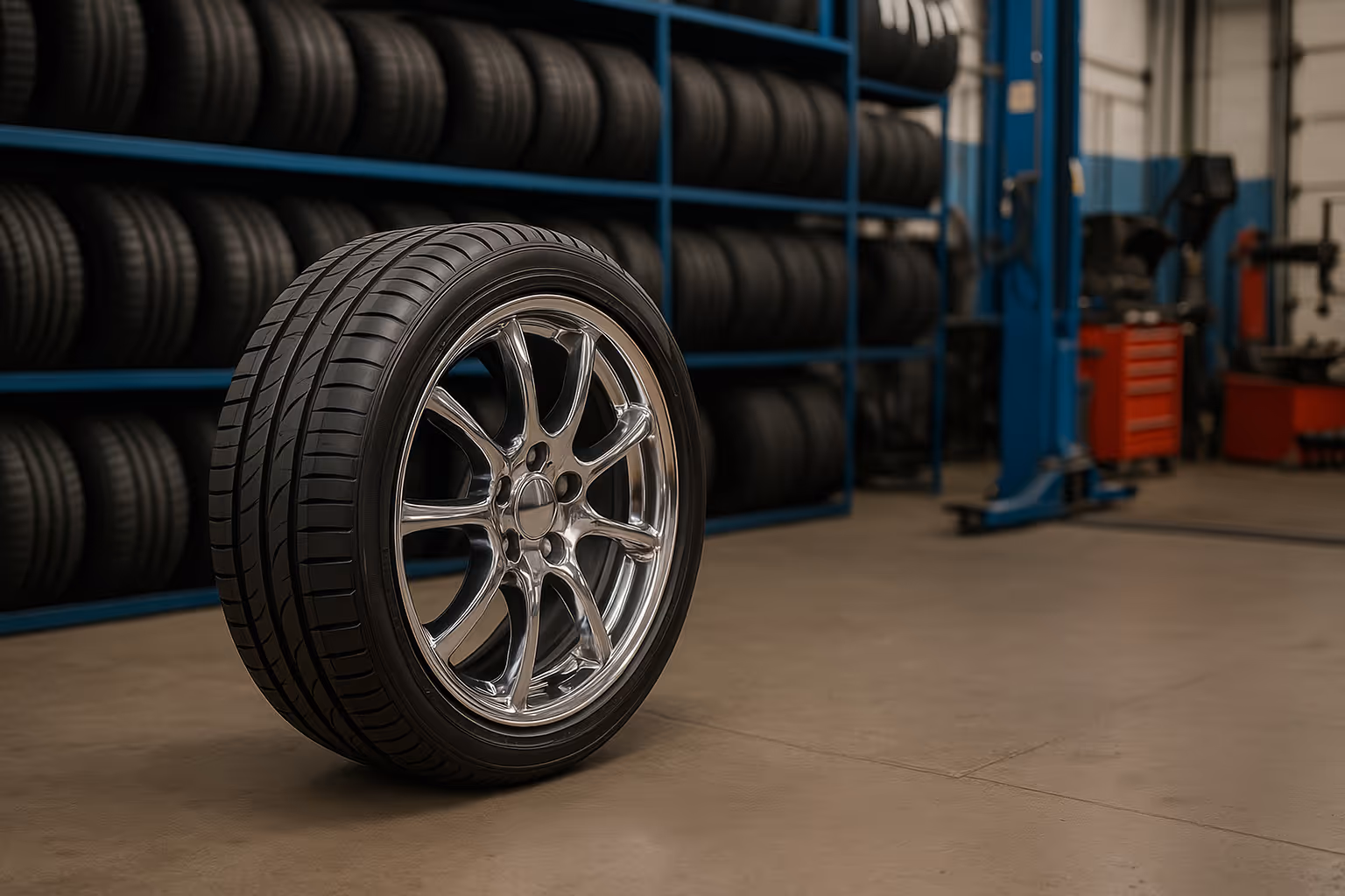 Tyre rack with multiple tyre brands available at the workshop