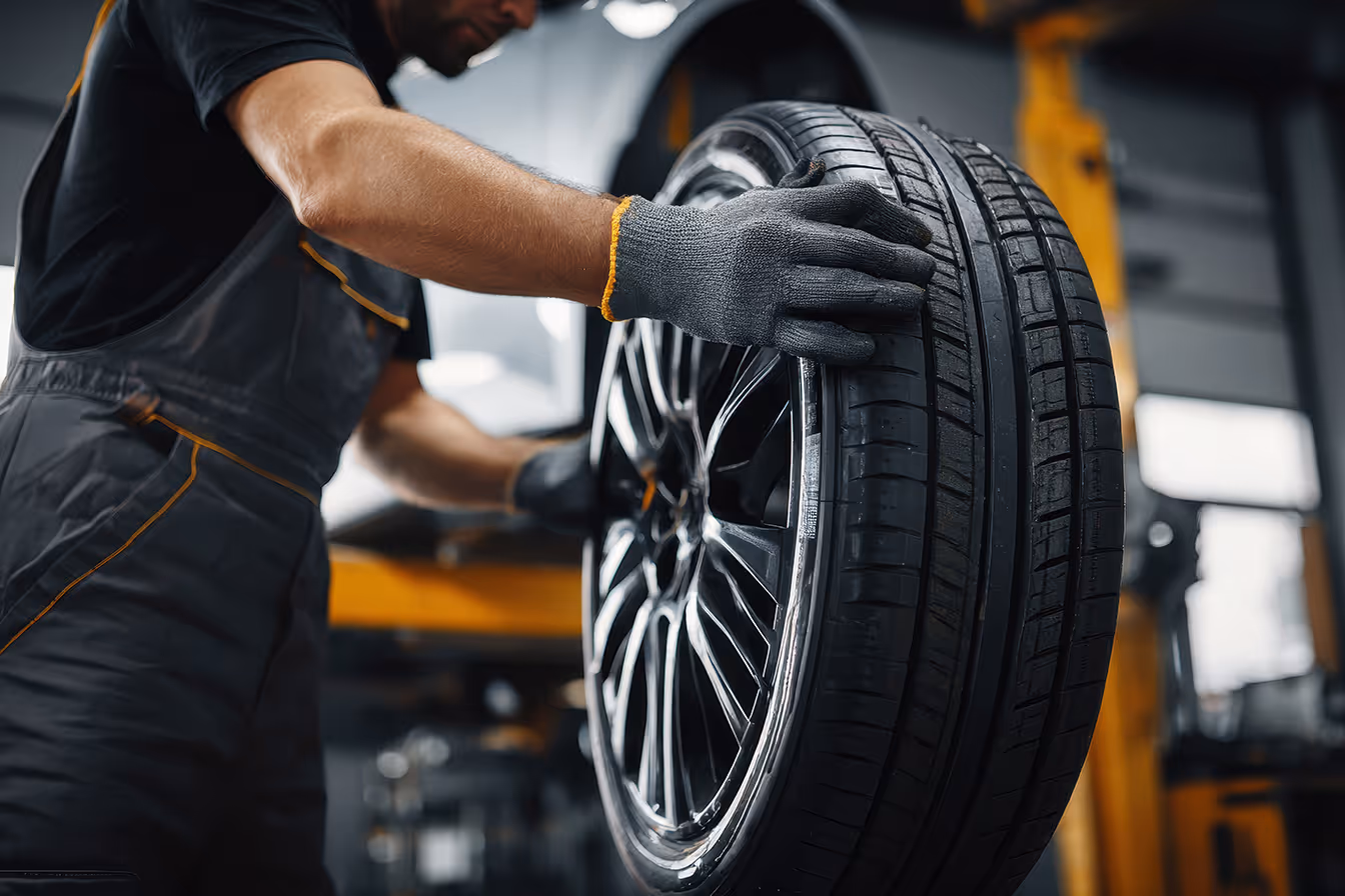 Mechanic fitting and balancing a tyre using a wheel machine