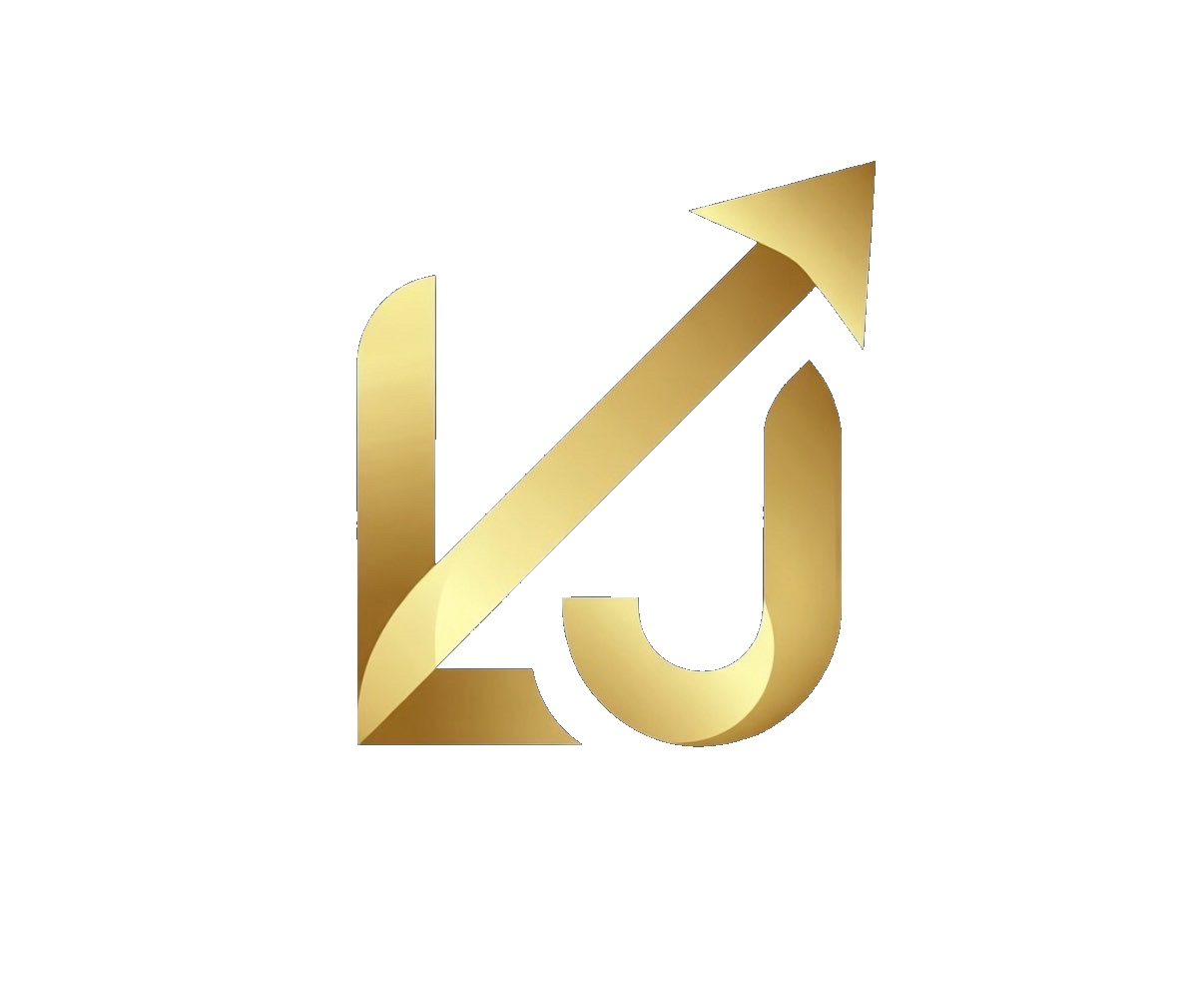 Gold stylized letters L and J with an arrow pointing upward and to the right on a dark background.