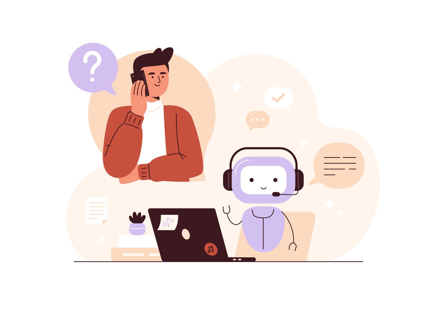 Illustration of a person talking on the phone with a question speech bubble and a friendly robot with a headset sitting at a laptop, engaging in a chat.