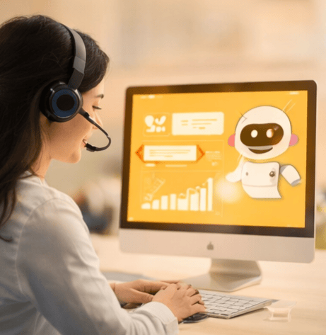 Woman wearing headset interacting with a computer screen showing a friendly robot and data charts.
