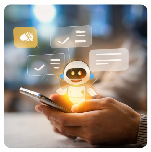 Hand holding smartphone projecting a small chatbot robot with glowing screen icons and speech bubbles.