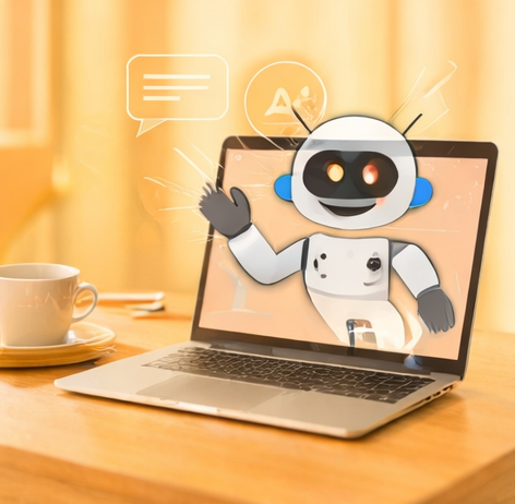Cartoon robot waving from inside a laptop screen on a wooden table next to a coffee cup.
