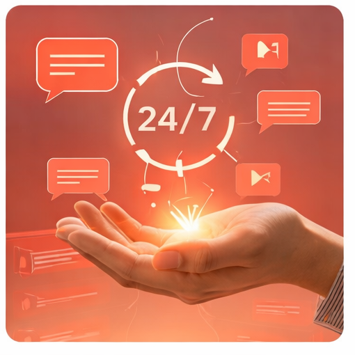 Hand holding glowing 24/7 symbol surrounded by chat bubbles and video call icons on an orange background.