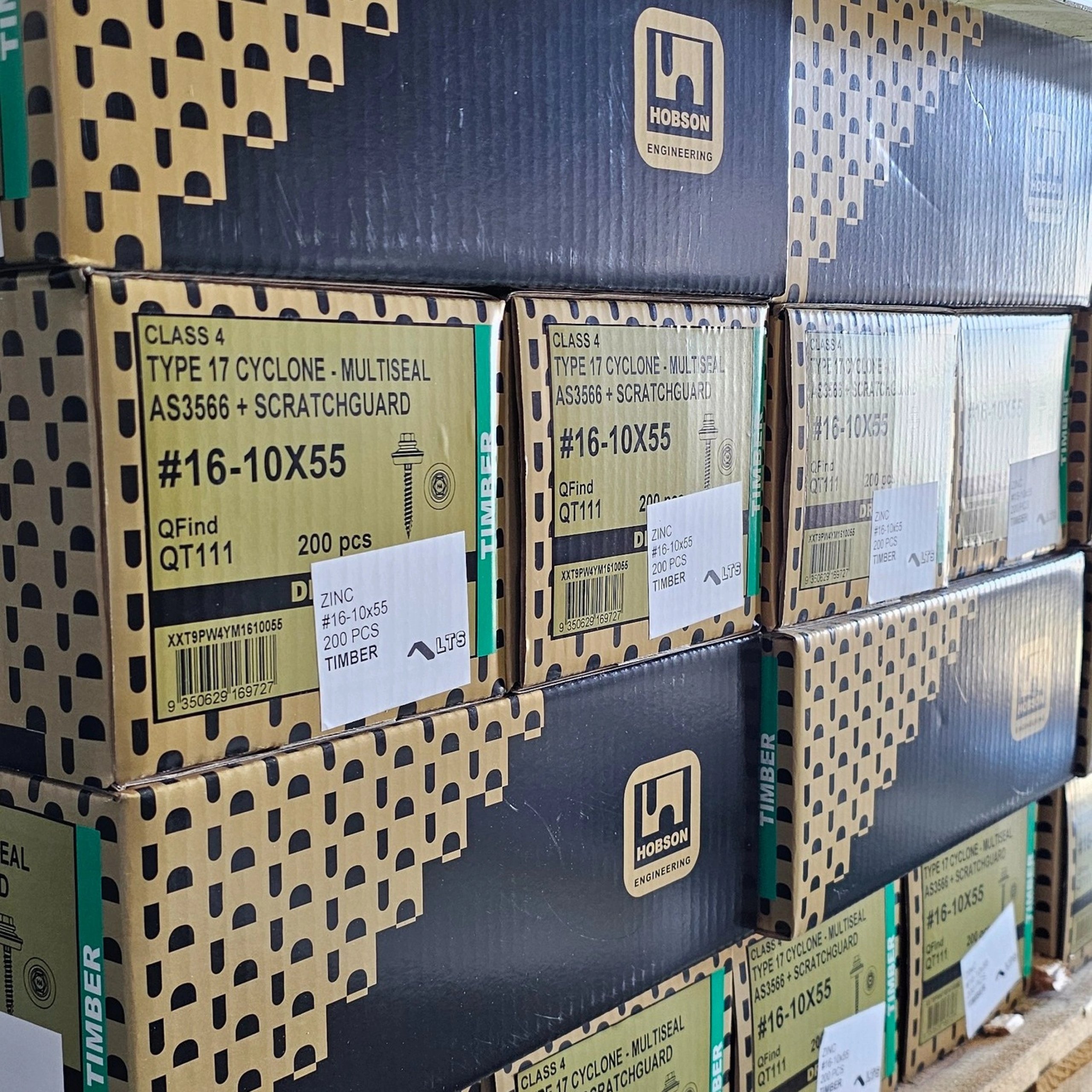 Stacks of Hobson Engineering boxed screws labeled Class 4 Type 17 Cyclone Multiseal AS3566 with Scratchguard, size #16-10X55, 200 pieces per box.
