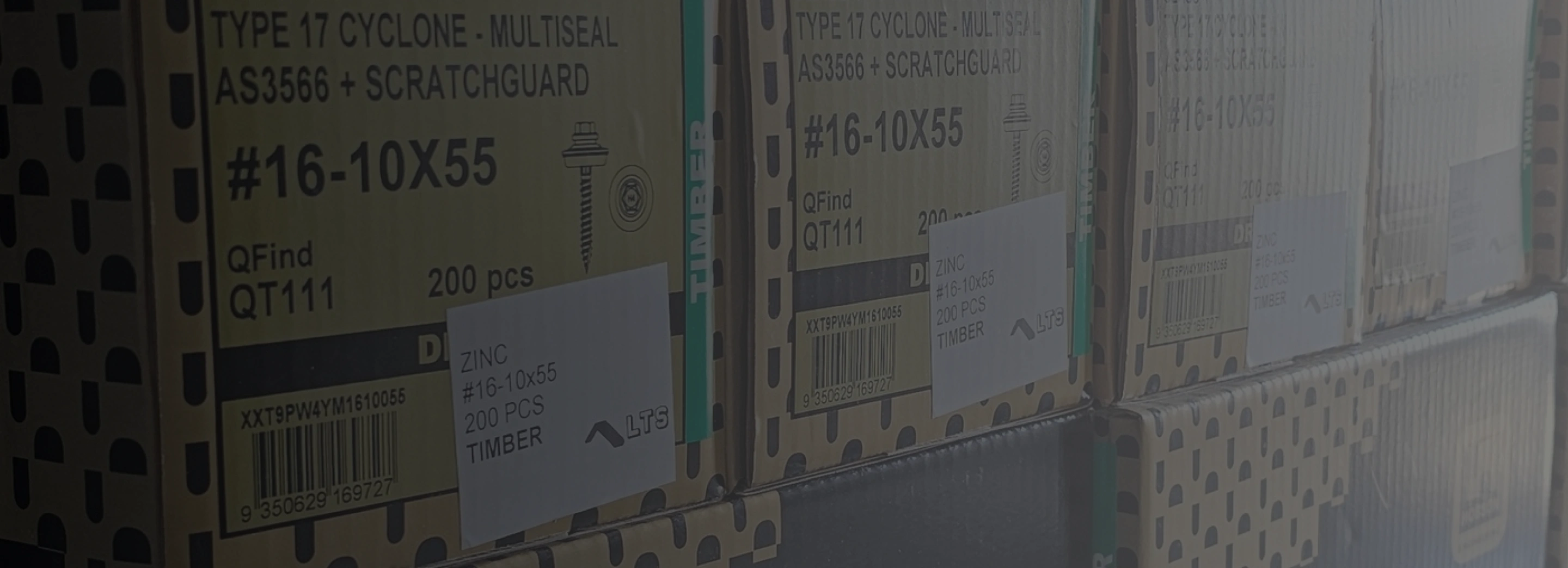 Boxes labeled Type 17 Cyclone multiseal screws, zinc-coated, 200 pieces each, size #16-10x55, stacked on a shelf.