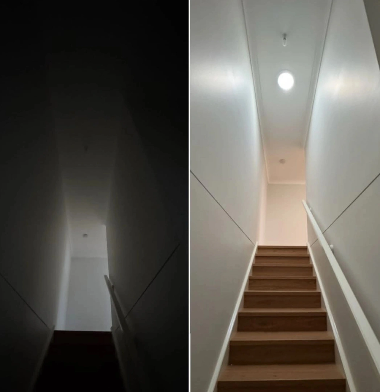 Side-by-side comparison of a staircase viewed in darkness on the left and brightly lit with wooden steps and white walls on the right.