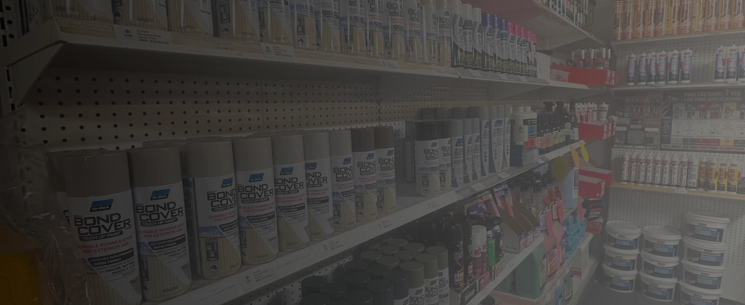 Shelves stocked with various spray paint cans and small containers in a hardware store.