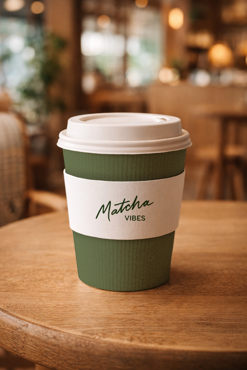 Takeaway cup design for matcha cafe brand identity — Delalonde Studio