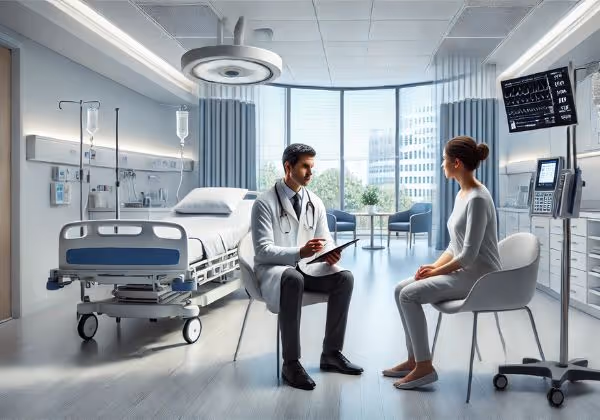 A doctor discusses cancer screening options with a patient in a hospital room.