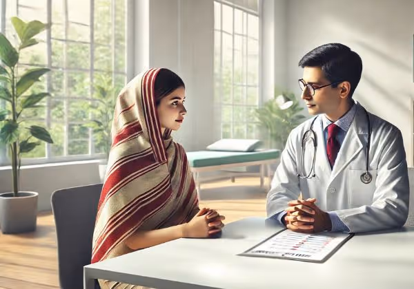  A nutritionist consulting a Bangladeshi patient on a personalized diet plan in a clinic setting.