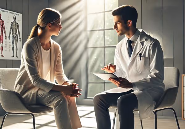 A healthcare provider discussing healthcare packages with a patient in a clinic.